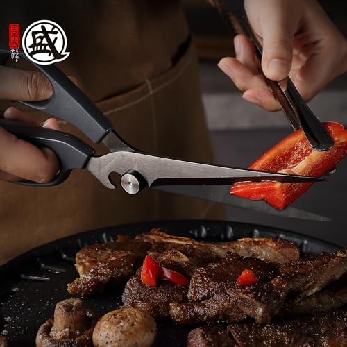 MITSUMOTO SAKARI Japanese Kitchen Scissors, Long Barbecue Scissors | Korean Barbecue Scissors, Offset Kitchen Scissors, Black Multifunctional Kitchen Scissors, Non-Slip Handle