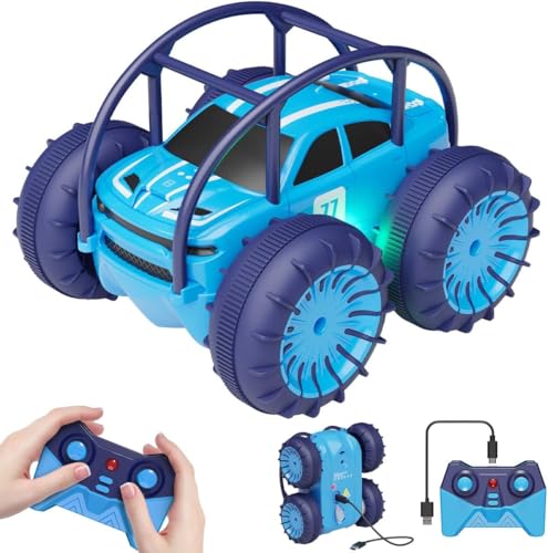 MaxTronic Amphibious Remote Control Stunt Car, Dual USB-C Charging for Car and Controller, 2.4 GHz, 360° Laps and Adjustable LED Lights, 15 km/h, RC Toy Boys and Girls Ages 3 to 12