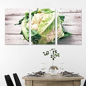 3 Panel Canvas Wall Art - Cauliflower on Rustic Wood Background - Giclee Print Gallery Wrap Modern Home Art Ready to Hang - 16"x24" x 3 Panels