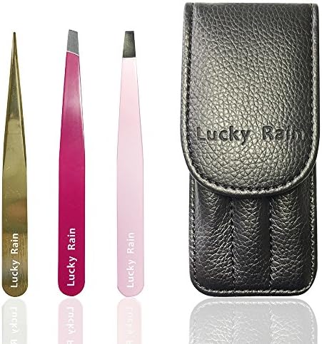 Lucky Rain 3 Tips Eyelash Eyebrows Tweezers Set Kits Professional Stainless Slant Steel Pointed Ingrown Hair Tweezer with Luxury Mini PU Leather Case