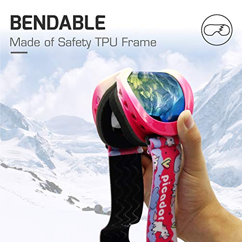 PP PICADOR Kids Ski Goggles, Kid Snow Snowboard Goggles for Boys Girls 4-7 with Over Glasses OTG Design Anti-Fog Lens 100% UV Protection Helmet Compatible(Gradual Pink)