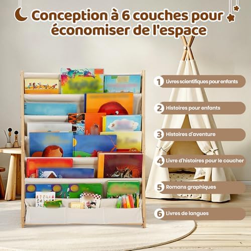 Bibliotheque Enfant en Bois Massif à 7 Niveaux - Etagere de Rangement pour Livres - Présentoir Livres Bebe avec Design Stable - Meuble Montessori pour Chambre d’Enfant (63 cm, Naturel)