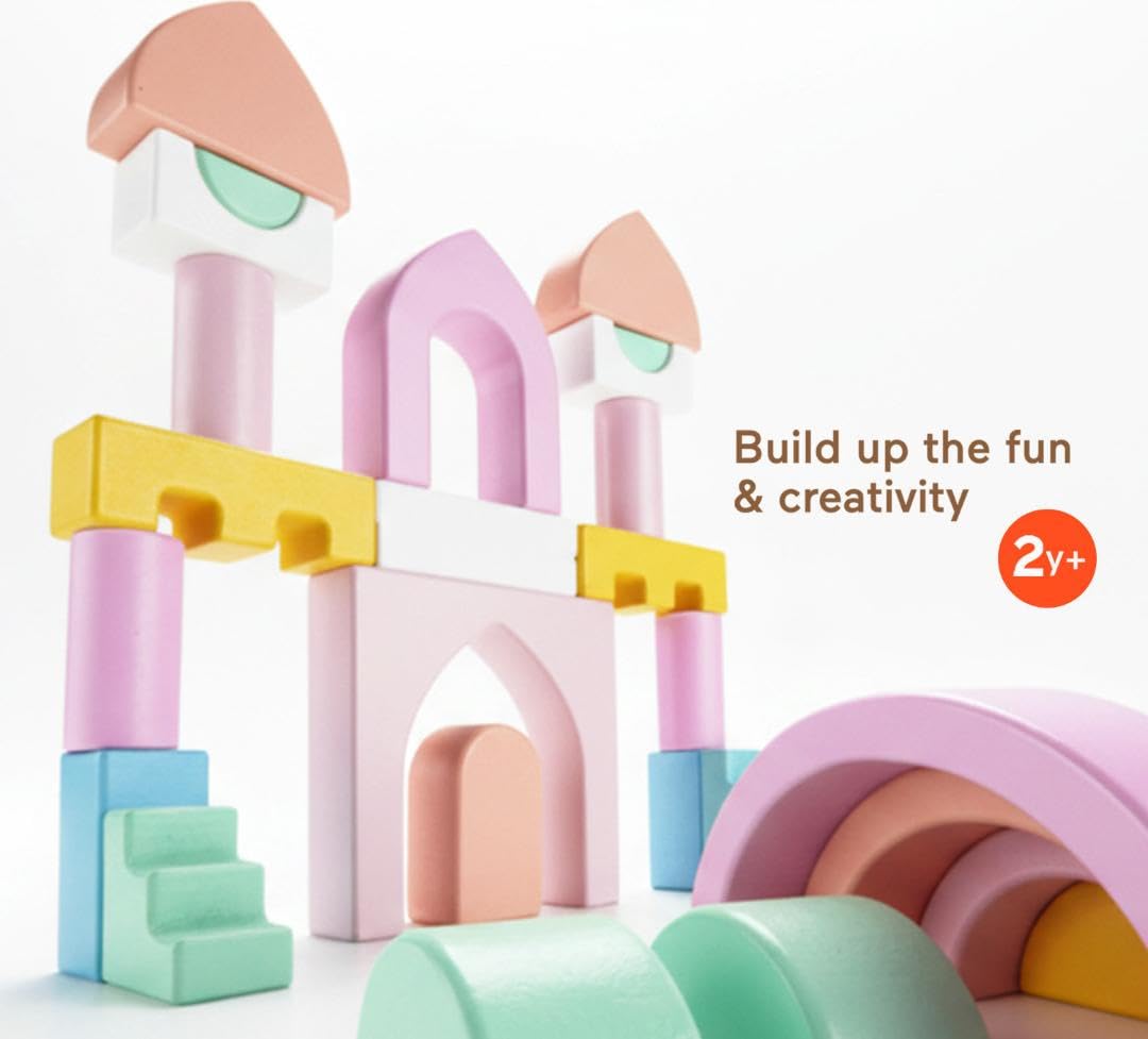 Fisher-Price Wood Toddler Toy Castle Block Set, 28 Wooden Pieces for Stacking Developmental Play Preschool Kids Ages 2+ Years