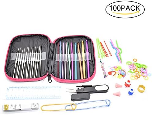 100pcs 22 Sizes Crochet Hooks Set, 0.6mm-6.5mm Knitting Needles Kit with Wide Thumb Placed Flat, 20 Locking Stitch Markers and Other Crochet Tools