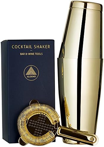 Boston Cocktail Shaker, 3-Piece Bar Set: 18oz &amp; 28oz Weighted Cocktail Shakers and Hawthorne Cocktail Strainer, 18/8 Stainless Steel Cocktail Shaker Set with Recipes and Greeting Card - Gold Plated