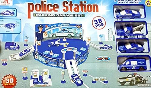 Police Station Parking Garage 3D Model Playset with DIY Assembling Ramp and 4 Police Car Models ( 38 Pcs Set)