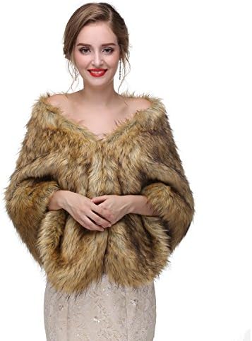 Yikaya Winter Fur Stole Brown Womens Size Short Faux Fur Boleros Wedding Jackets