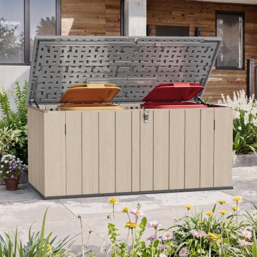 Gartenbox aus Harz 600L,Auflagenbox Wasserdicht Außenmaße:142 x 67 x 63 cm,Braun,Wetterfest,Abschließbar