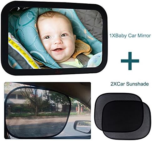 Iokone Baby Car Mirror Shatterproof Acrylic Baby Rear View Mirror for Car - Wide View Safety 360° Adjustable for Backseat - Best Newborn Car Seat Accessories + 2pcs Car Side Window Shade