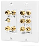 Fosmon (2-Gang 5.1 Surround Distribution) Home Theater Wall Plate - Premium Quality Gold Plated Copper Banana Binding Post Coupler Type Wall Plate for Speakers and RCA Jack for Subwoofer (White)