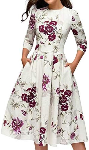 Women's Floral Cropped Sleeve Crew Neck High Waist Dresses, AmyDong Vintage Elegant A-line Printing Party Dress