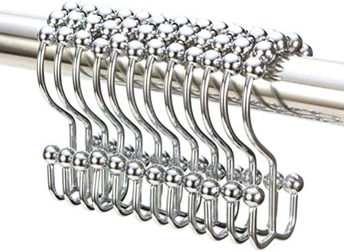 SUNLIGHTAM 12pcs Stainless Steel Window Rolling Shower Curtain Hooks Rings Clips Polished Chrome (dual-hook)