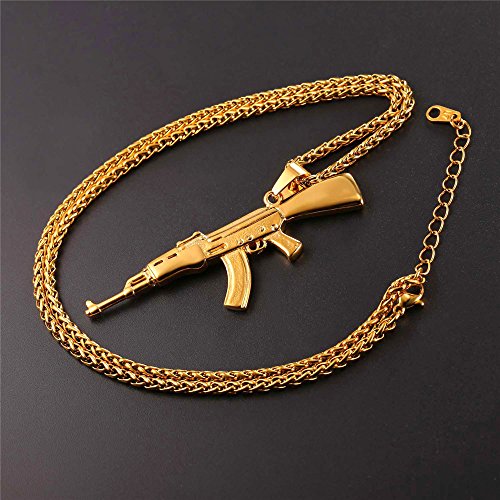 Men AK47 Rifle Shape Pendant Necklace with 22 Inch Chain 18K Gold