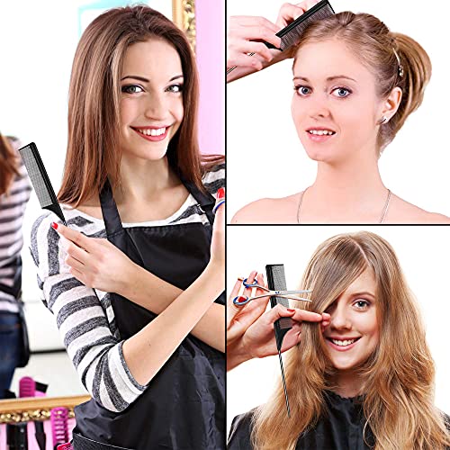 3 Packs Rat Tail Comb Steel Pin Rat Tail Carbon Fiber Heat Resistant Teasing Combs with Stainless Steel Pintail (Black)