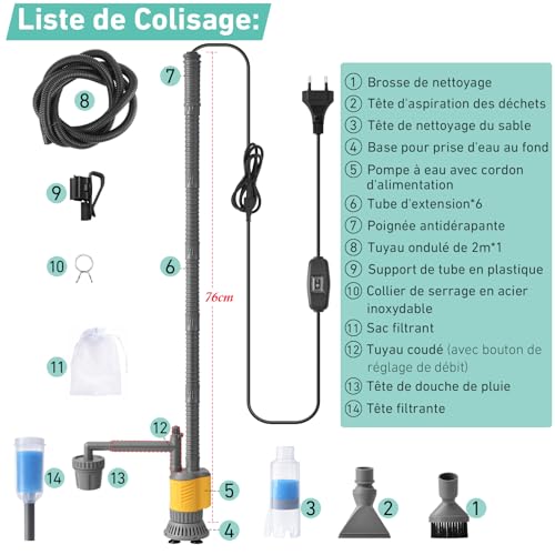 PYPABL Electric Vacuum Cleaner For Aquarium, 1200LPH Cleaning Gravel 8 In 1 Removable, 20W Powerful Suction For Changing Water, Washing Sand, Removing Algae And Circulating Water