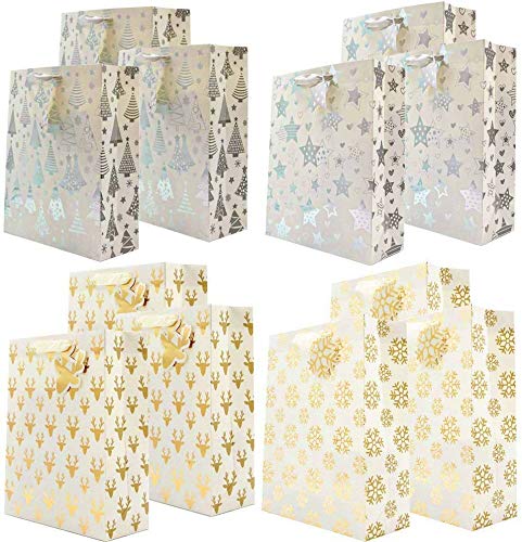 UNIQOOO 12Pcs Gold Sliver Metallic Christmas Gift Bags Bulk,Assorted Xmas Tree,Stars Reindeer, For Thanksgiving Holiday Presents Wrapping Stocking New Year Party Favor Celebration,Large 12½x10½x4 Inch