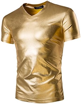 Larkon Men's Shiny Metallic V-Neck Short Sleeve T-shirt