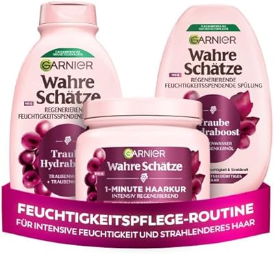 Garnier Wahre Schätze Traube Hydraboost Haarpflege-Set, mit Traubenwasser, für mehr Feuchtigkeit und Glanz, mit Shampoo, Spülung, 1-Minute Haarkur
