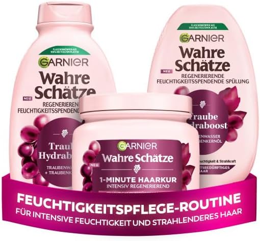 Garnier Wahre Schätze Traube Hydraboost Haarpflege-Set, mit Traubenwasser, für mehr Feuchtigkeit und Glanz, mit Shampoo, Spülung, 1-Minute Haarkur