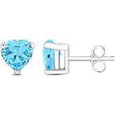 Birthstone Heart Stud Earrings for Women 5MM Simualted Gemstone Studs in 14K White Gold Plated 925 Sterling Silver Push Back Earrings Jewelry Gift for Her