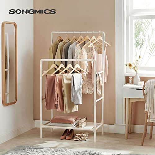 SONGMICS Donkey Clothing, Metal Donkey Coat Rack with 2 Hanging Bars, with a Storage Shelf, Load Capacity 55 kg, Easy Assembly, White RDR01WT