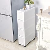 Shozafia Narrow Slim Rolling Storage Cart and Organizer, 7.1 inches Kitchen Storage Cabinet Beside Fridge Small Plastic Rolling Shelf with Drawers for Bathroom