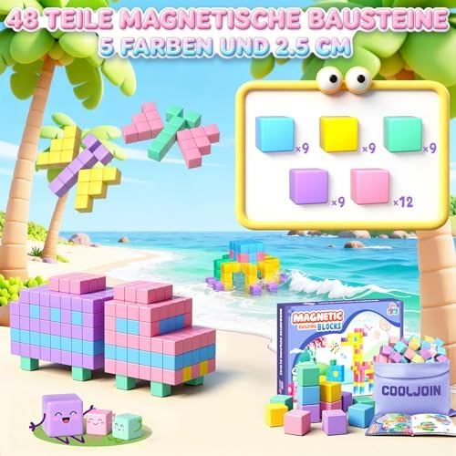 Magnetische Bausteine - 48 Teile Macaron Magnetbausteine Reiseset,Geschenk für Mädchen ab 3-12 Jahre,Kreatives Magnetspielzeug Set mit Aufbewahrungstasche,Pädagogisches Montessori Spielzeug