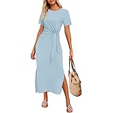 ZESICA Women's Summer Short Sleeve Bodycon Midi Dresses 2026 Casual Crewneck Knit Wrap Tie Waist T Shirt Long Dress