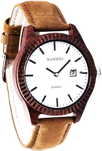 SUNMAX Wooden Wrist Watches for Men's Women's Red Sandalwood Series/Calendar Watch/Dial 42mm/Leather Strap/Wood Bezel/Analog Quartz Movement-Bamboo Watch Box