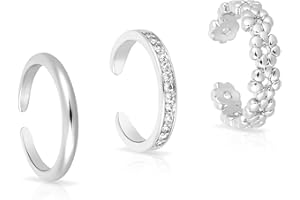 Mikovivi 3pcs Silver Toe Rings, Open Adjustable Copper Toe Ring Set Flower Diamond Plain Foot Ring Summer Beach Foot Jewelry 