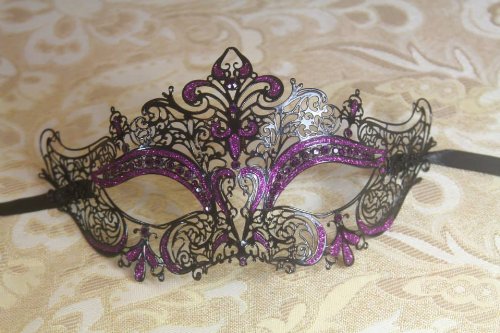 Black Luxury with Purple Glitter Princess Venetian Masquerade Mask with Purple Diamonds by Venetian
