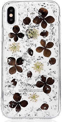 iPhone X Case, iPhone 10 Natural Dried Flowers Case, PLECUPE Bling Glitter Ultra Slim Real Pressed Floral Clear Crystal Soft TPU Silicone Gel Back Cover Shell for iPhone X, Flower#1