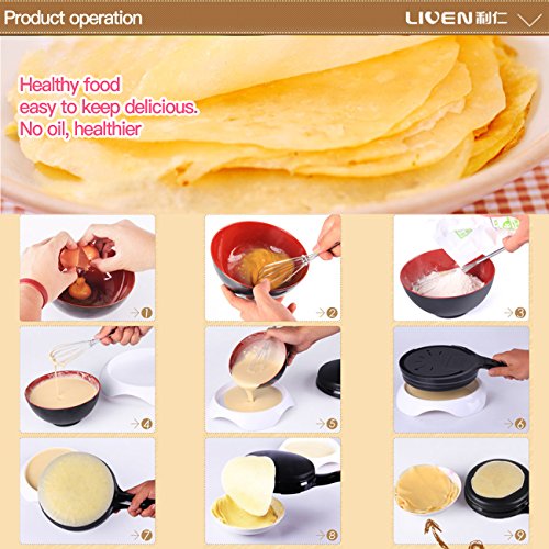 Liven Electric Crepe Maker with Non-Stick Coating and Automatic Temperature Control for Perfect Crepes, Blintzes, Pancakes, Bacon, 8 Inch Diameter 120V BC-11