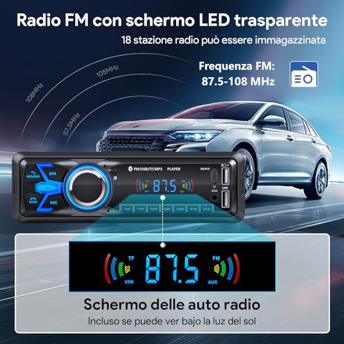 Wistrue Bluetooth Car Stereo, 1 DIN FM Radio Car Radio MP3 Player, Supports 2 USB / Quick Charging/SD/AUX/Remote Control/Support iOS/Android