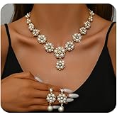 Navirix Pearl Flower Jewelry Set,Pearl Rhinestone Necklace Earring Set for Bridal Wedding,Dainty Formal Silver Prom Cocktail Jewelry Sets for Women