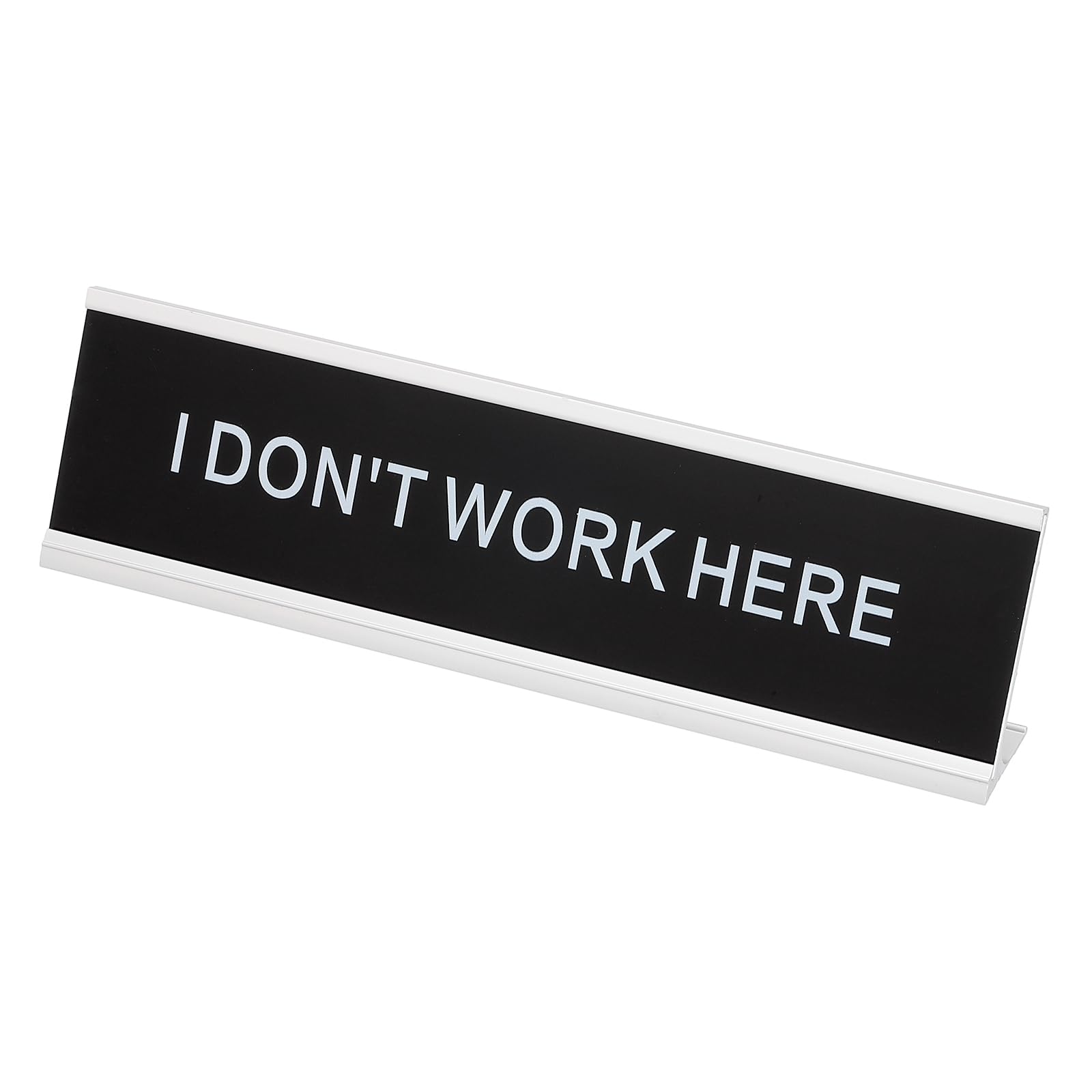 PATIKIL Funny Nameplate, 8"x2" Novelty Desk Sign Plaque Aluminum Desk Name Plate with Base for Office, Silver White (I Don'T Work Here)