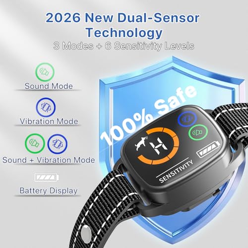 Bark Collar Smart Collar for Dog Training(No Shock),Automatic Anti Barking Collars with 6 Sensitivity,3 Adjustable Modes Beep and Vibration,IP67 Waterproof Rechargeable for Small Medium Large Dogs