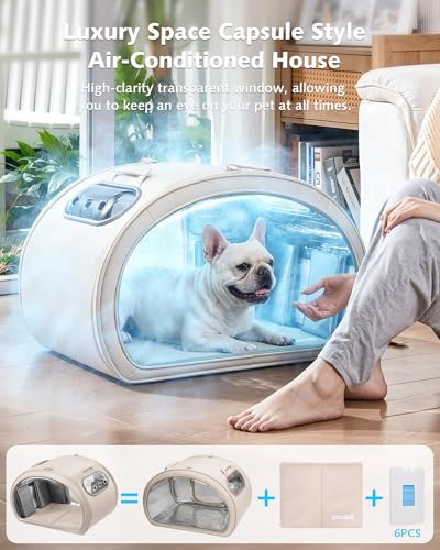 Pecute Casa Refrigerante para Gatos y Perros Pequeños, Caseta Fresca con 6 Cajas de Gel Reutilizables, Alfombrilla Refrigerante, Ventana Transparente Plegable, Tamaño L <8kg para Interior, Beige.