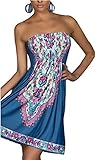 Chicgal Women's Coverup Dress Bohemian Beach Dress Strapless Floral Print Cover-up Dresses (Cowboy XL)