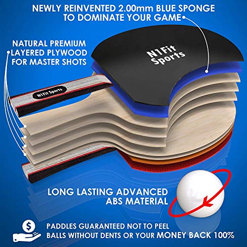 N1Fit Ping Pong Paddle Set - Includes 4 Player Rackets, 8 Professional Table Tennis Balls, Portable Storage Case for Indoor-Outdoor Play
