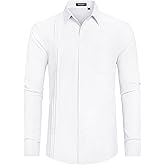 HISDERN Men's Dress Shirt Formal Long Sleeve Pleated Button Down Shirt for Men with Pocket for Prom Party Wedding