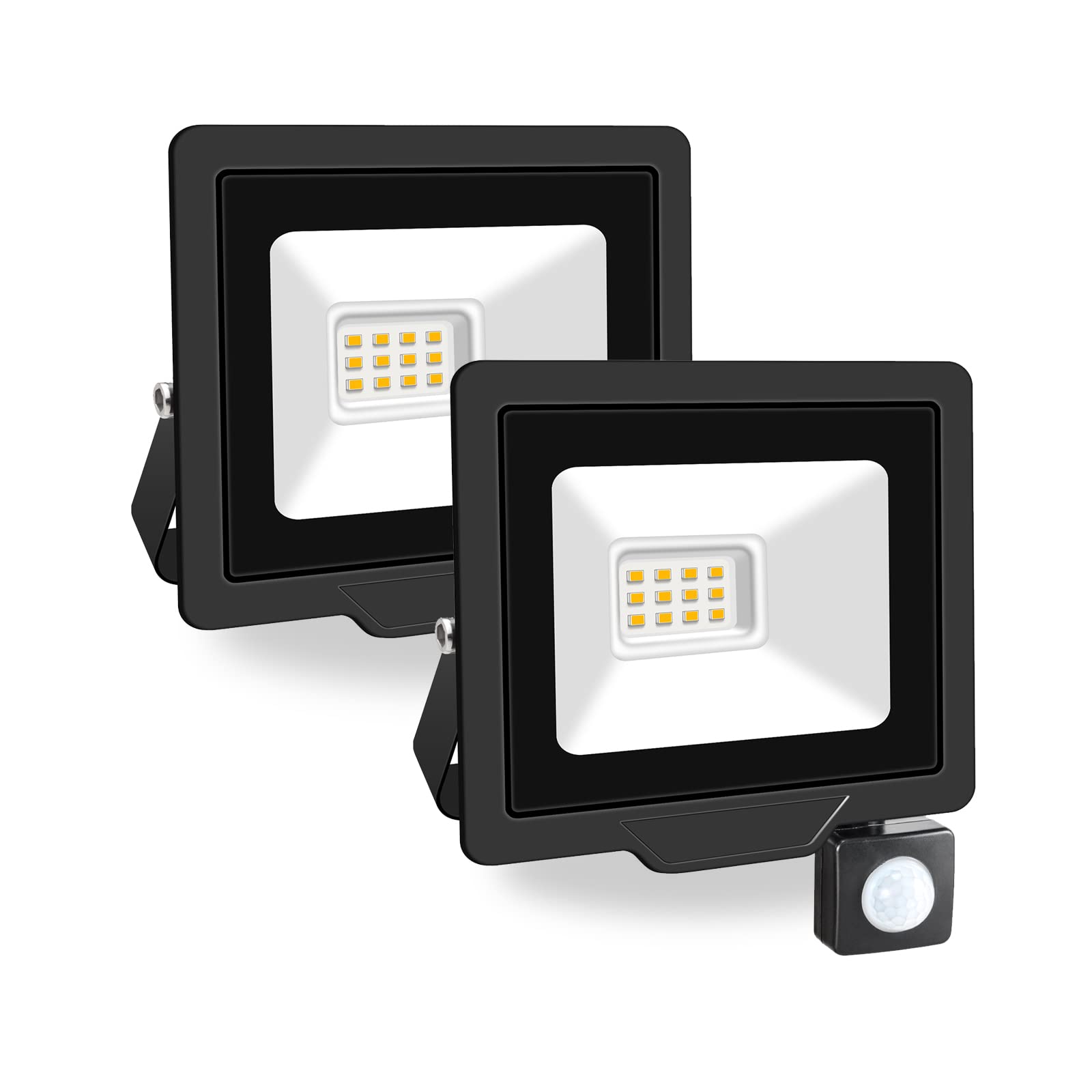 PICAA 2PCS 10W LED Flood Lights Outdoor, Super Bright Security Lights with Motion Sensor, Waterproof Floodlight, Warm White (3500K) Wall Light, for Garden, Yard, Garage, Patio,Warehouse, Parking Lot