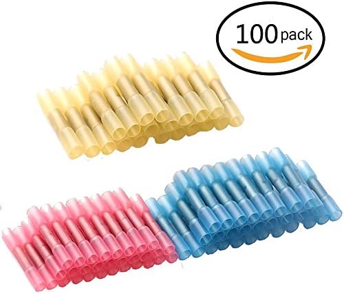 [100 Pack] Butt Connectors, Ably Heat Shrink Waterproof Butt Crimp Terminals Insulated Electrical Wire Cable Connectors (Red Blue Yellow)
