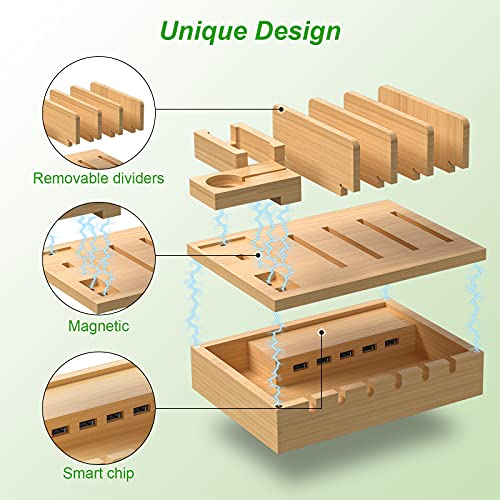 ZCPOW Bamboo Charging Station for Multiple Devices Dock Organizer with 5 USB Ports and 5 Charging Cables Compatible with Cellphone, Kindle, Smart Watch, Power Bank,(UL Adapter Attached).
