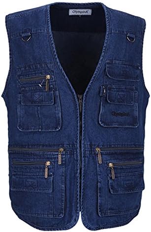 Jwhui Men Jackets Cotton Vest Sleeveless Denim Vest Casual Multi-Pockets Regular Plus Size 9XL 10Xl Waistcoat Blue XXXL