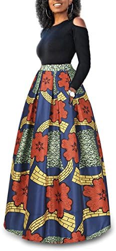 Playworld Women's Cold Shoulder Two Piece Floral Print Pockets Long Party Skirts Dress