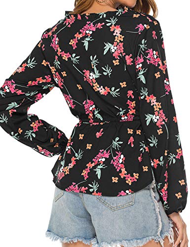 Floral Print Long Sleeves V Neck Chiffon Slim Shirt Tunic Tops Blouse for Women Black