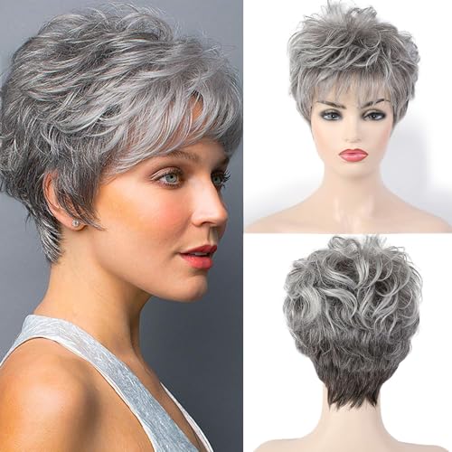 HAIRCUBE Pelucas Grises Rizadas Cortas Para Mujeres Peluca De Corte Pixie Gris Pelucas De Cabello Humano De Fácil Cuidado Para Mujeres