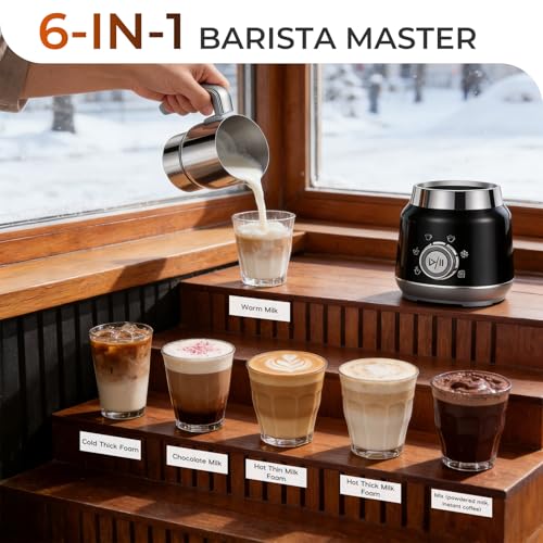 Yaskyly 6 in 1 Electric Milk Frother 560W 1L Cold Hot Foam Milk Warmer and Milk Warmer for Latte, Cappuccinos, Macchiato, Stainless Steel, Dishwasher Safe (Black)