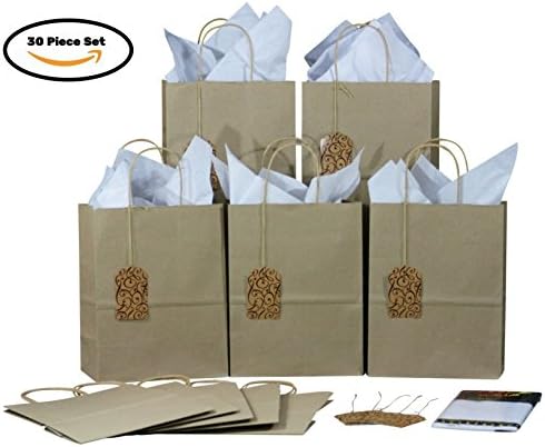 10 Pack - Kraft Gift Bags with Tissue Paper &amp; Tags. Medium-size, 100% Recycled. Great for Baby / Wedding Shower, Birthdays, Favor Bags, Bridesmaids / Groomsmen. Decorate to dress up or Use As-is